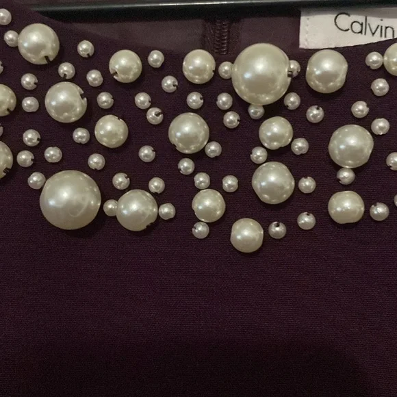 Calvin Klein Deep Purple Dress Embellished FAUX PEARL Neckline WOMENS SIZE 14 - Picture 3 of 13